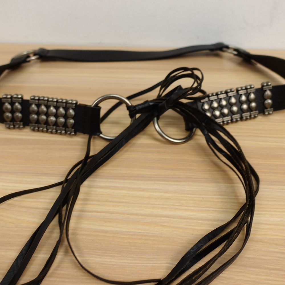 Y2K Goth Punk Concho Studded Belt Womens XL Black Real Leather Skinny Tie Fringe